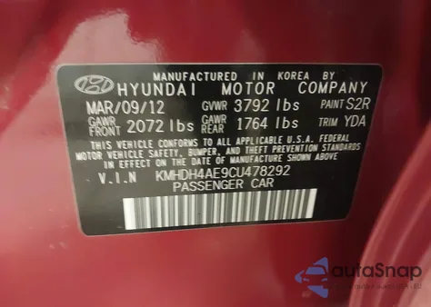 2012 Hyundai Elantra Limited (Ulsan Plant) из США, поврежденный, VIN KMHDH4AE9CU478292